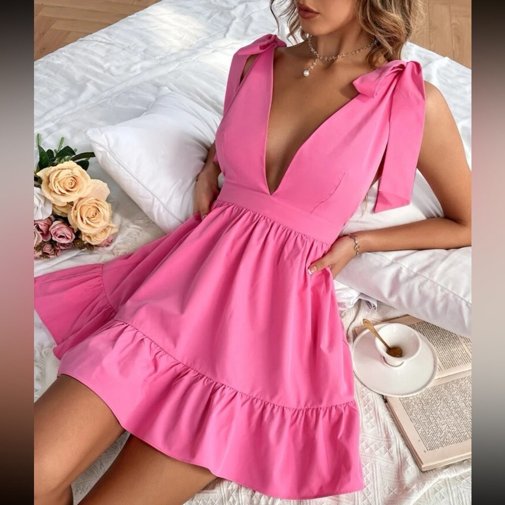 Pink Tie Shoulder Ruffle Hem Sundress